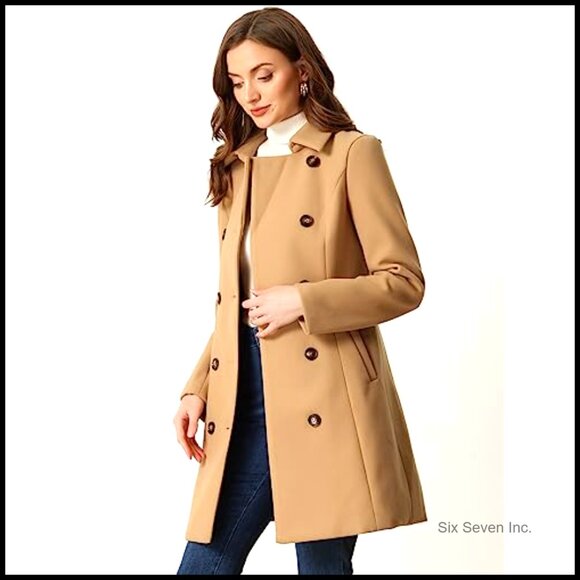 Winter Trench Coat Double Breasted Belted Pea Coat 100% Polyester - Picture 4 of 6